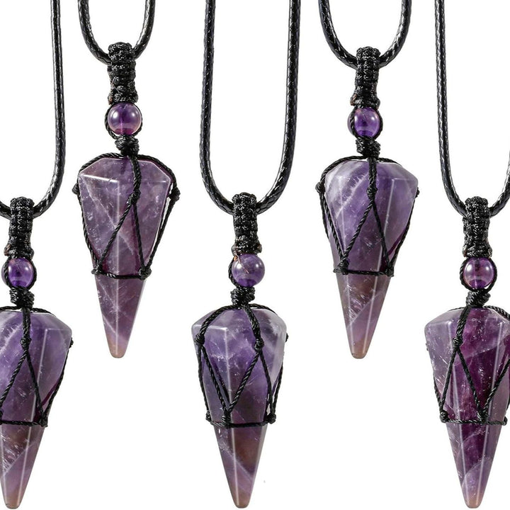 Natural Obsidian Hexagonal Point Pendant Necklace with Handwoven Net