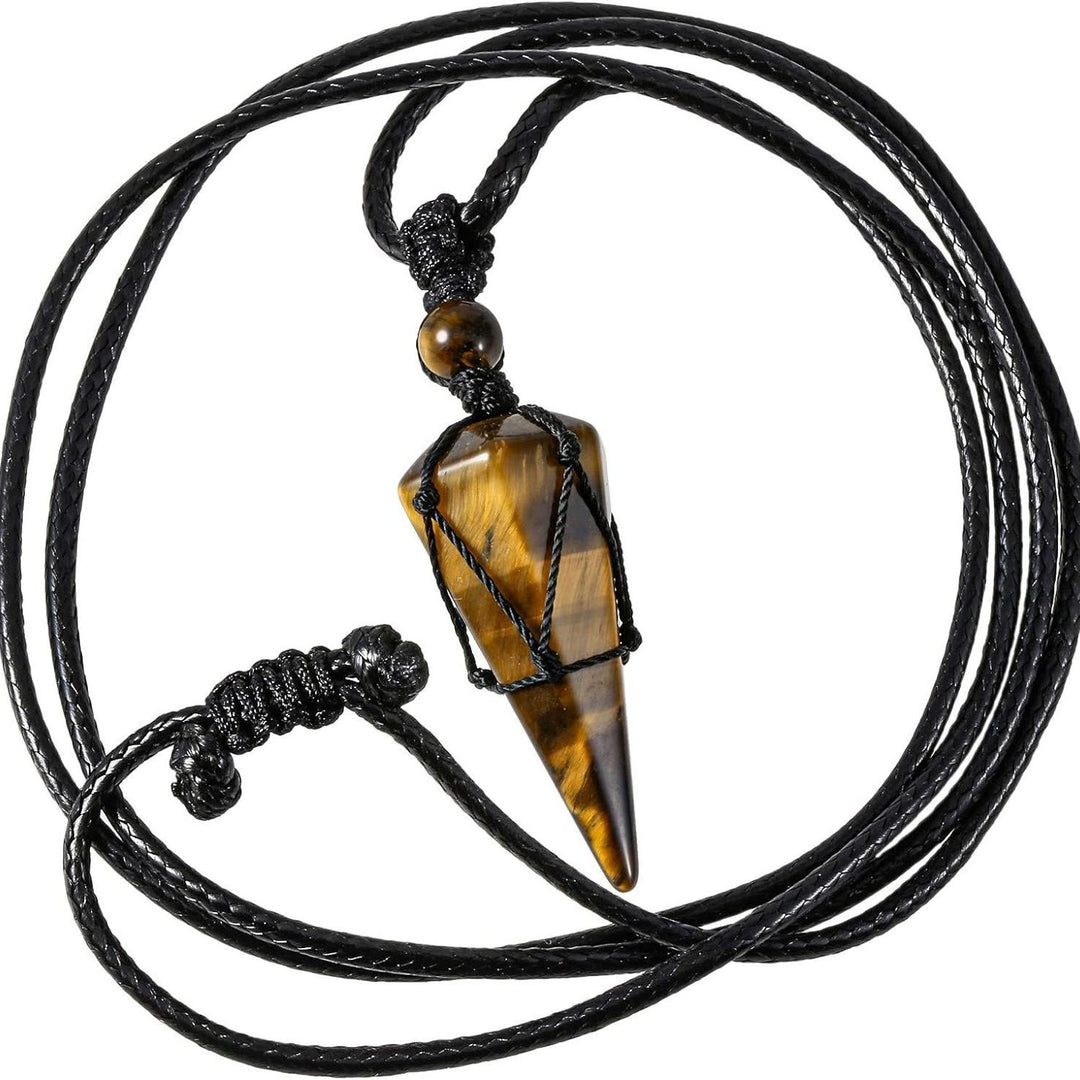 Natural Obsidian Hexagonal Point Pendant Necklace with Handwoven Net