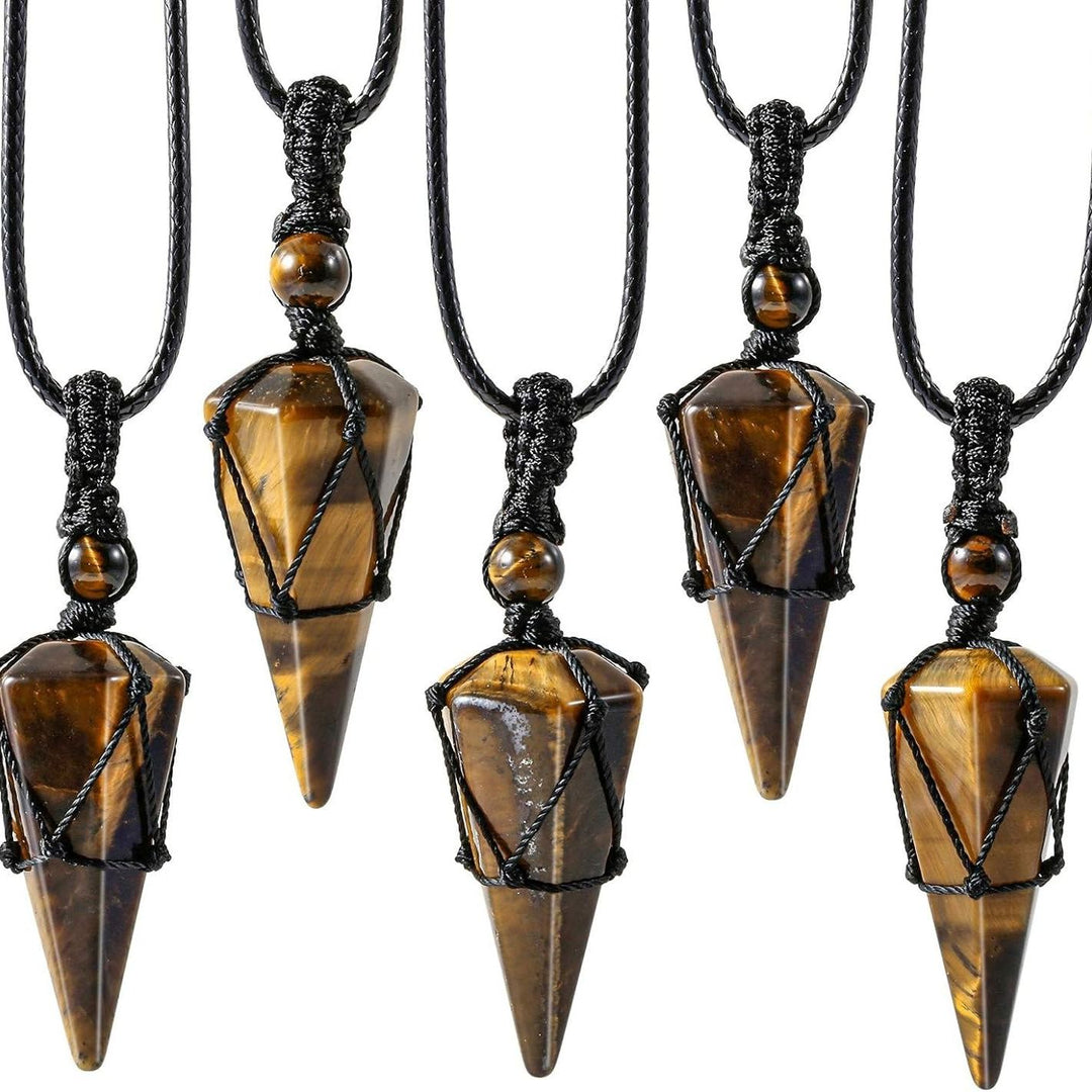 Natural Obsidian Hexagonal Point Pendant Necklace with Handwoven Net