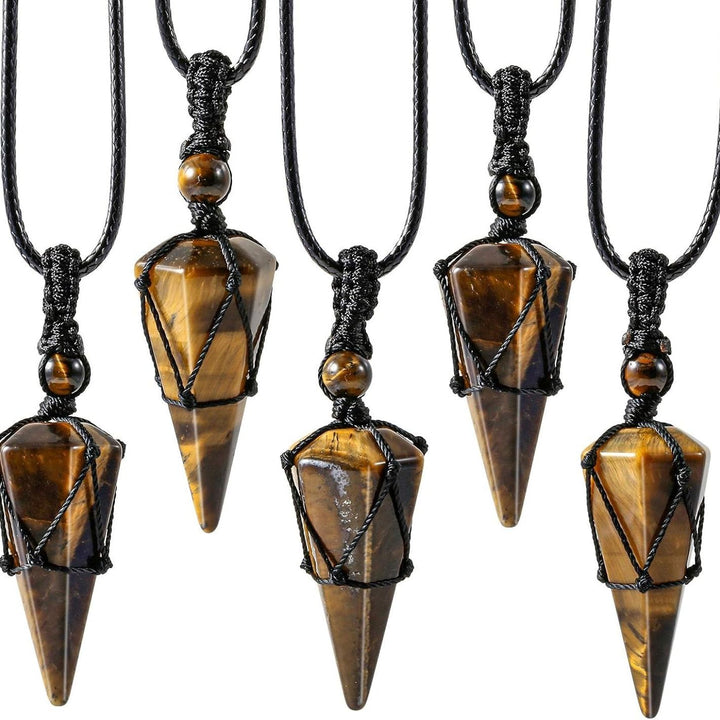 Natural Obsidian Hexagonal Point Pendant Necklace with Handwoven Net