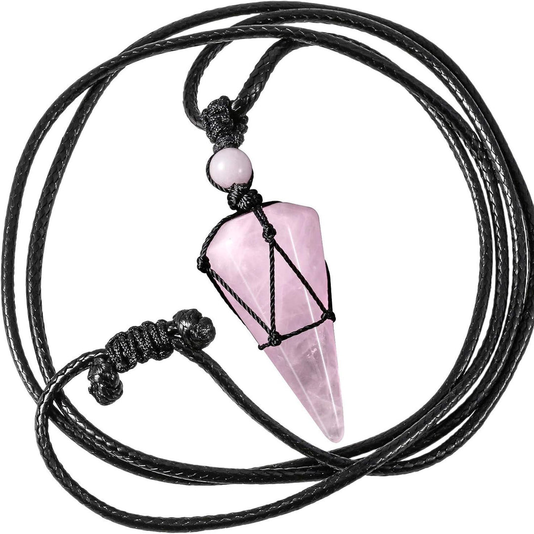 Natural Obsidian Hexagonal Point Pendant Necklace with Handwoven Net