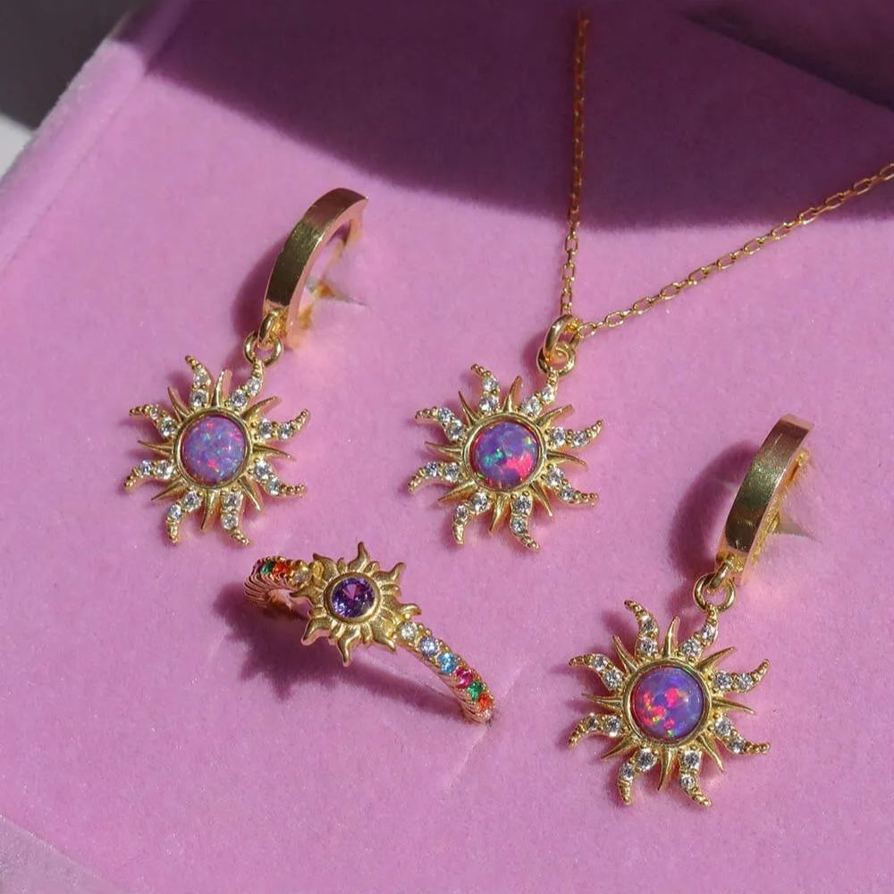 Vintage Dopamine Sun Opal Pendant Necklace & Earring Set