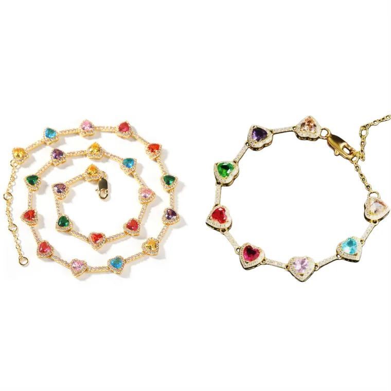 18K Gold Heart Zircon Necklace & Bracelet Set for Women – Vintage Luxury Elegant Choker