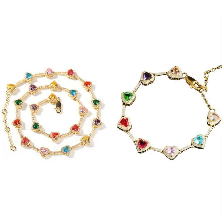 18K Gold Heart Zircon Necklace & Bracelet Set for Women – Vintage Luxury Elegant Choker