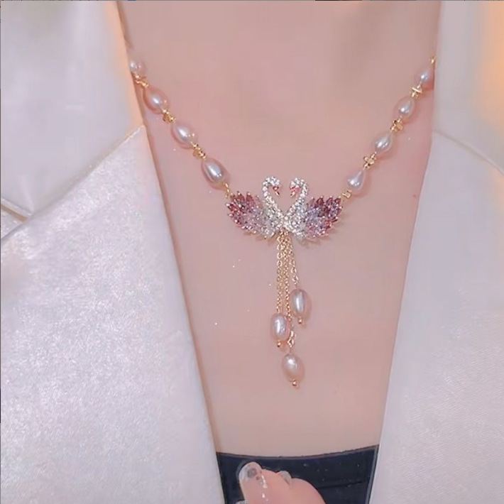 Long Sweater Chain Swan Pearl Necklace for Women