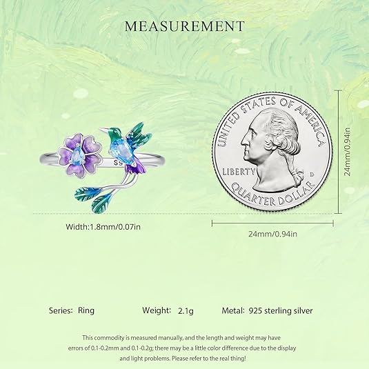 S925 Silver Hummingbird & Flower Adjustable Ring