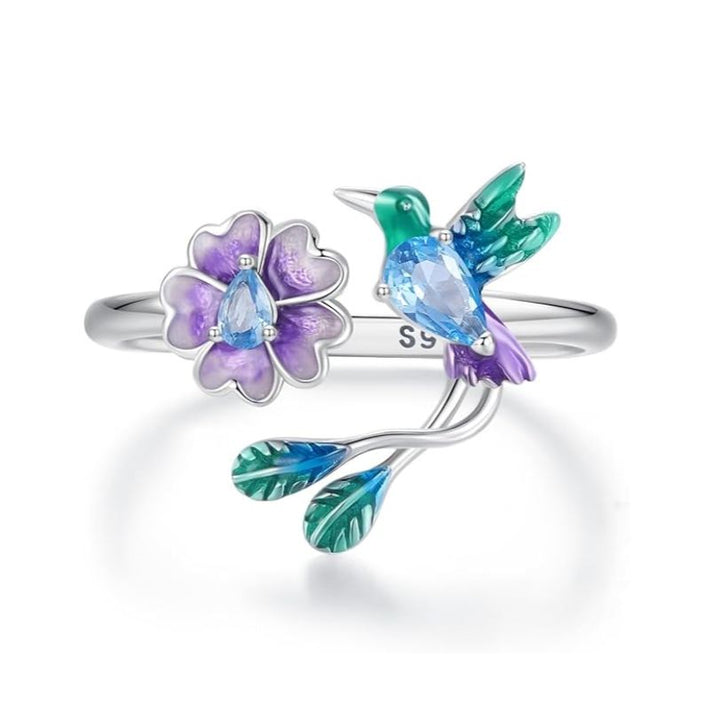 S925 Silver Hummingbird & Flower Adjustable Ring