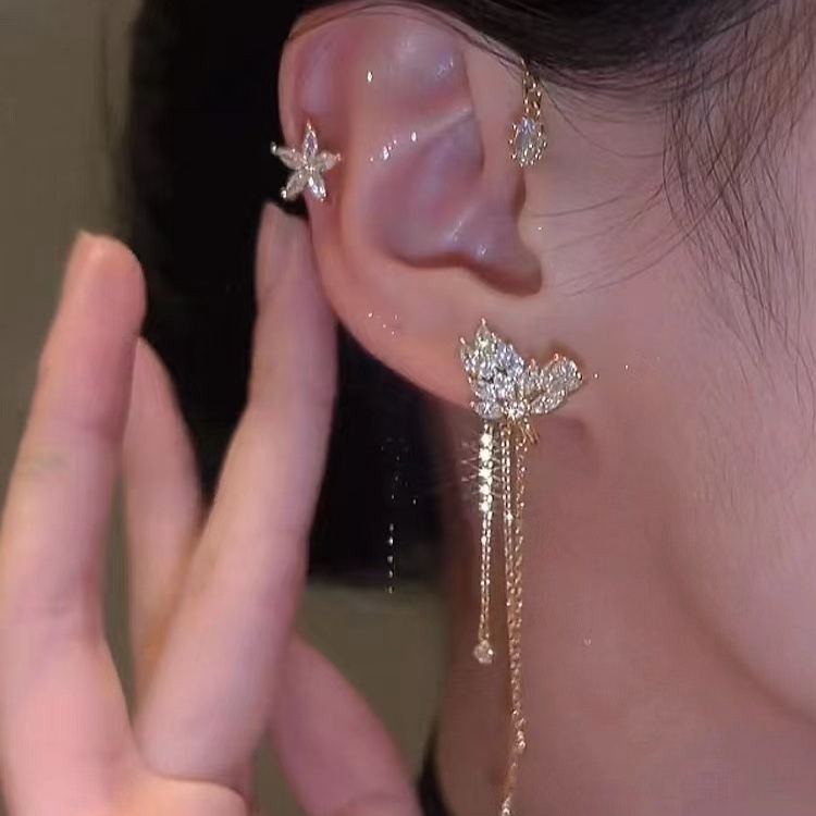 Luxury Rhinestone Butterfly Tassel Ear Cuff