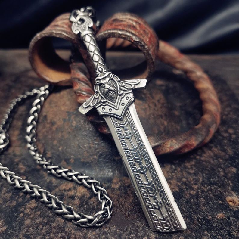 Vintage Viking Broken Sword Pendant Necklace in Thai Silver