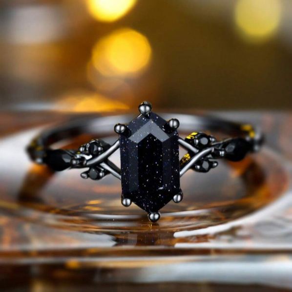 Black Hexagonal Cut Cubic Zirconia Engagement Ring