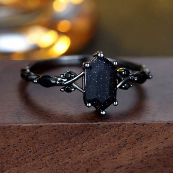 Black Hexagonal Cut Cubic Zirconia Engagement Ring