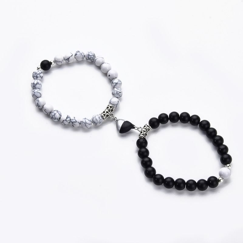 Magnetic Heart Couple Bracelets with Agate Beads – Purple Love Stone Gift Set