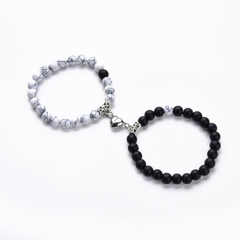Magnetic Heart Couple Bracelets with Agate Beads – Purple Love Stone Gift Set