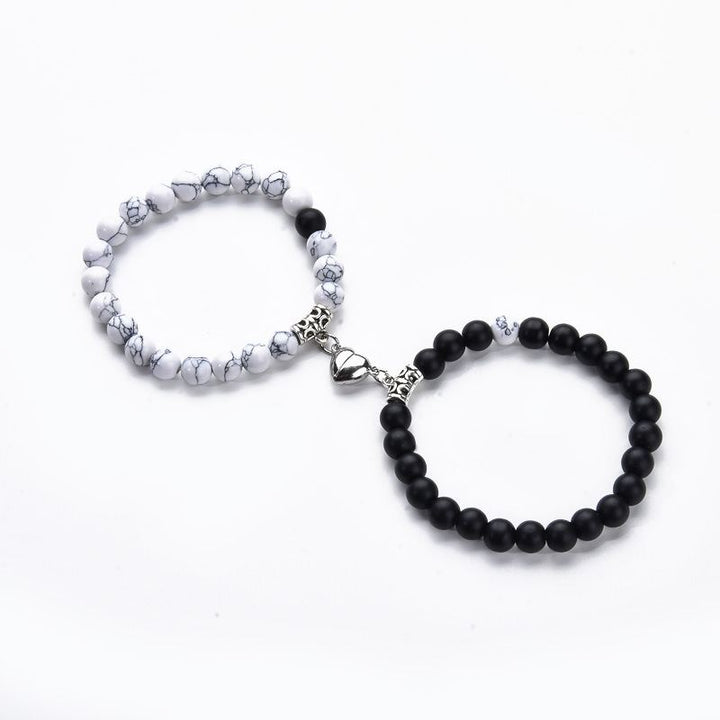 Magnetic Heart Couple Bracelets with Agate Beads – Purple Love Stone Gift Set