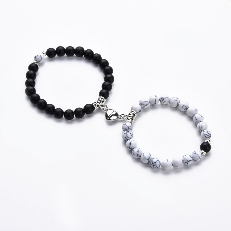 Magnetic Heart Couple Bracelets with Agate Beads – Purple Love Stone Gift Set