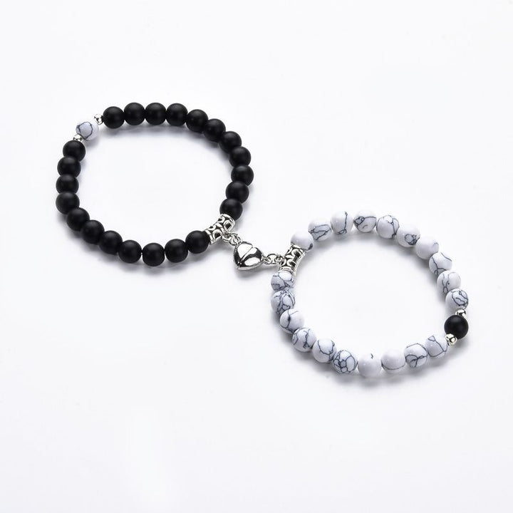 Magnetic Heart Couple Bracelets with Agate Beads – Purple Love Stone Gift Set