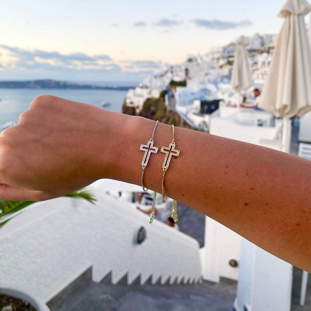 Openwork cross zircon micro-pave bracelet, waterproof and hypoallergenic jewelry for women.