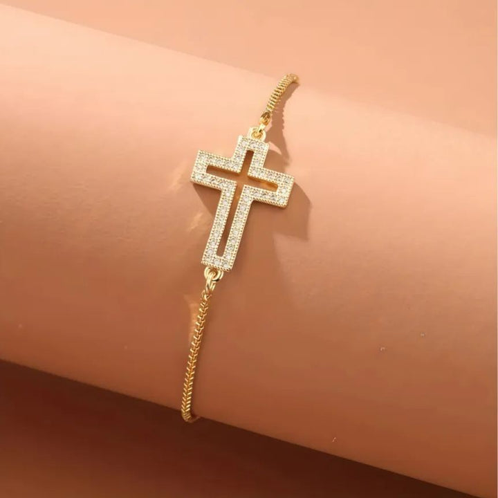 Openwork cross zircon micro-pave bracelet, waterproof and hypoallergenic jewelry for women.