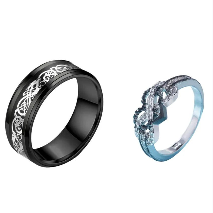 Luxury Sterling Silver Black Dragon Ring (Men) & Heart Cutout CZ Ring (Women) – Couple Rings