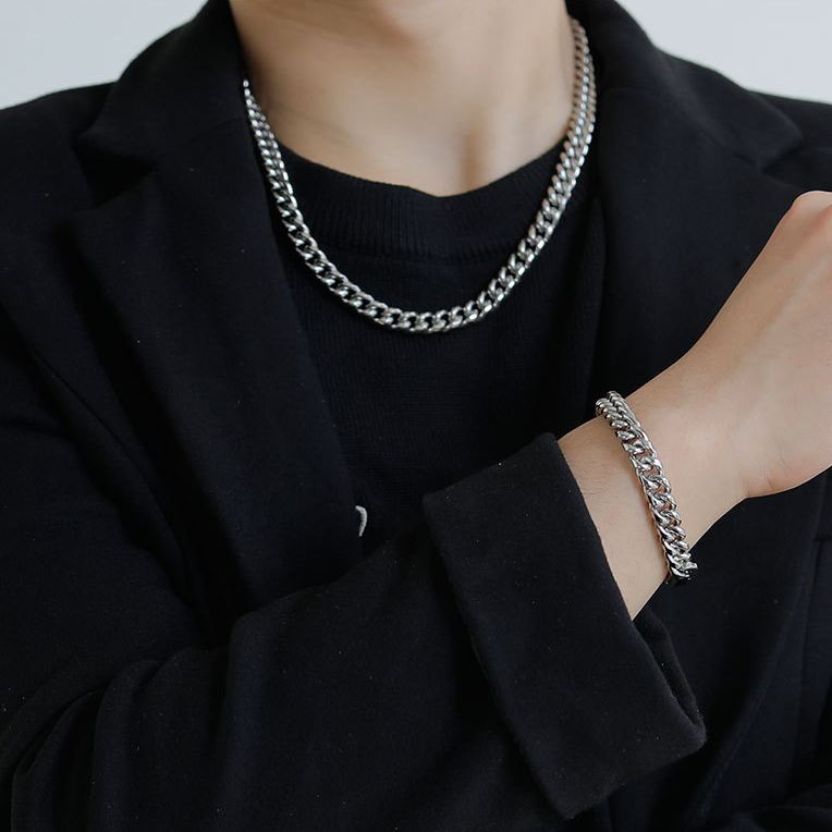 Polished Titanium Steel Chunky Cuban Chain Hip-Hop Necklace · Four-Side Cut Bold Chain