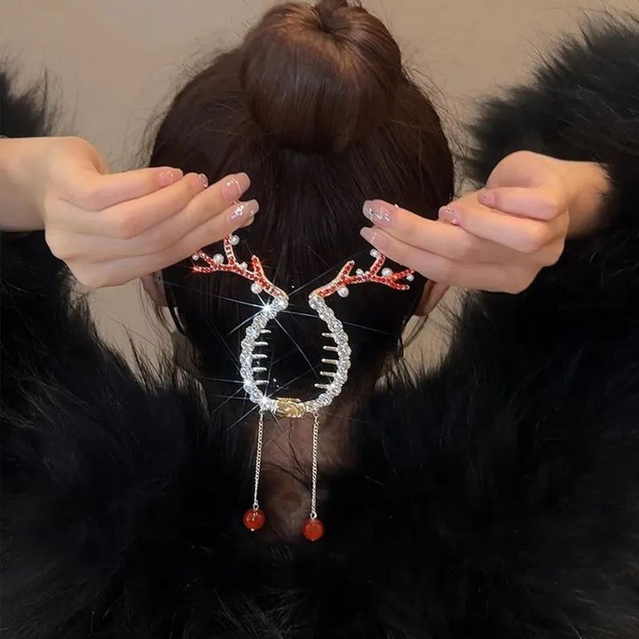 Christmas High Ponytail Hair Clip - Antler Bun Hair Clamp with High-End Tassel Headpiece