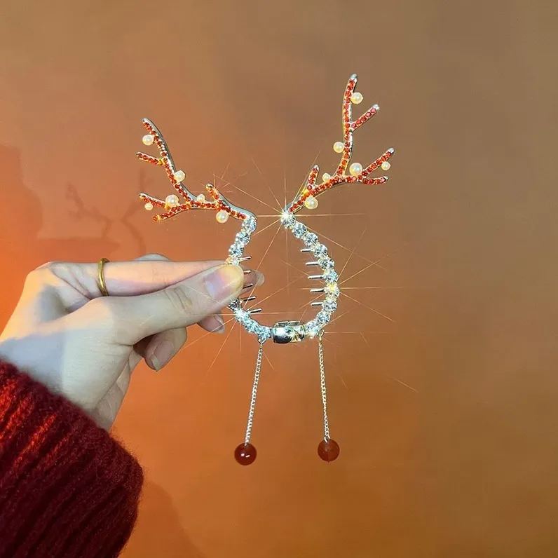 Christmas High Ponytail Hair Clip - Antler Bun Hair Clamp with High-End Tassel Headpiece