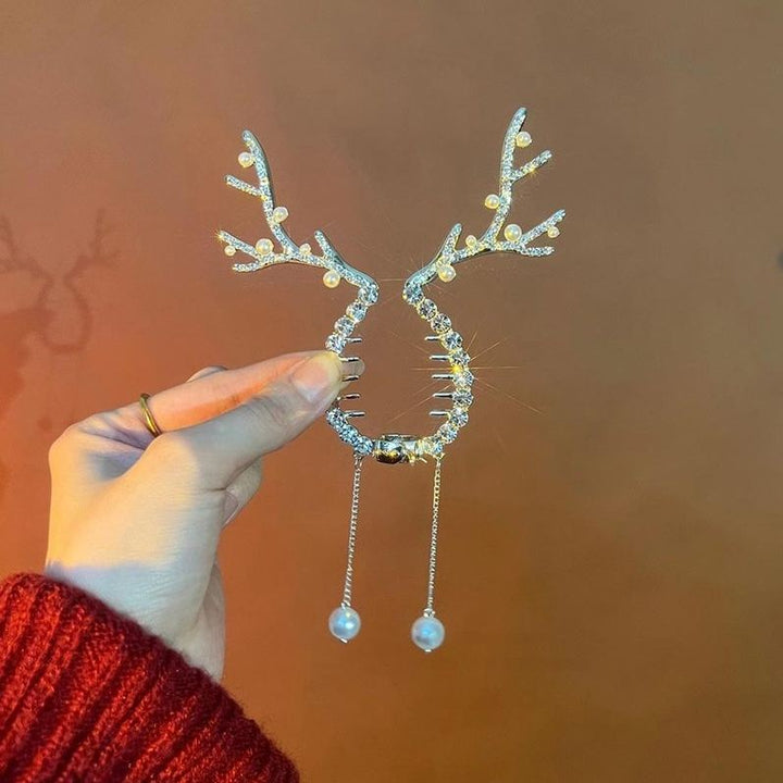 Christmas High Ponytail Hair Clip - Antler Bun Hair Clamp with High-End Tassel Headpiece