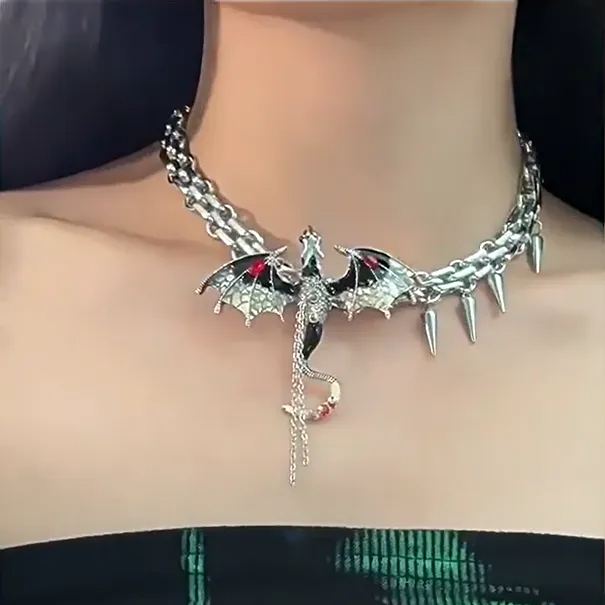 Gothic Y2K Heavy-Duty Black Red Thorn Dragon Chocker