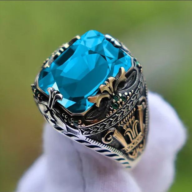 Retro Luxury Two-Tone Plated Colored Gem Men's Ring