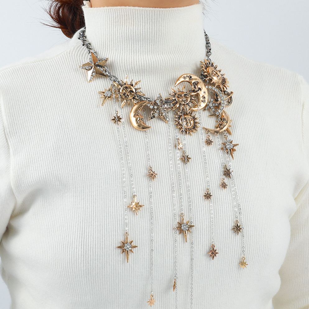 Sun-Moon-Star Gold-Silver Color-Block Tassel Necklace (Cosmic Romantic Style Series)