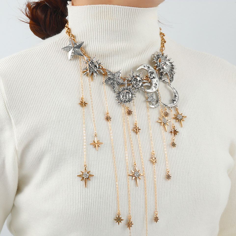 Sun-Moon-Star Gold-Silver Color-Block Tassel Necklace (Cosmic Romantic Style Series)