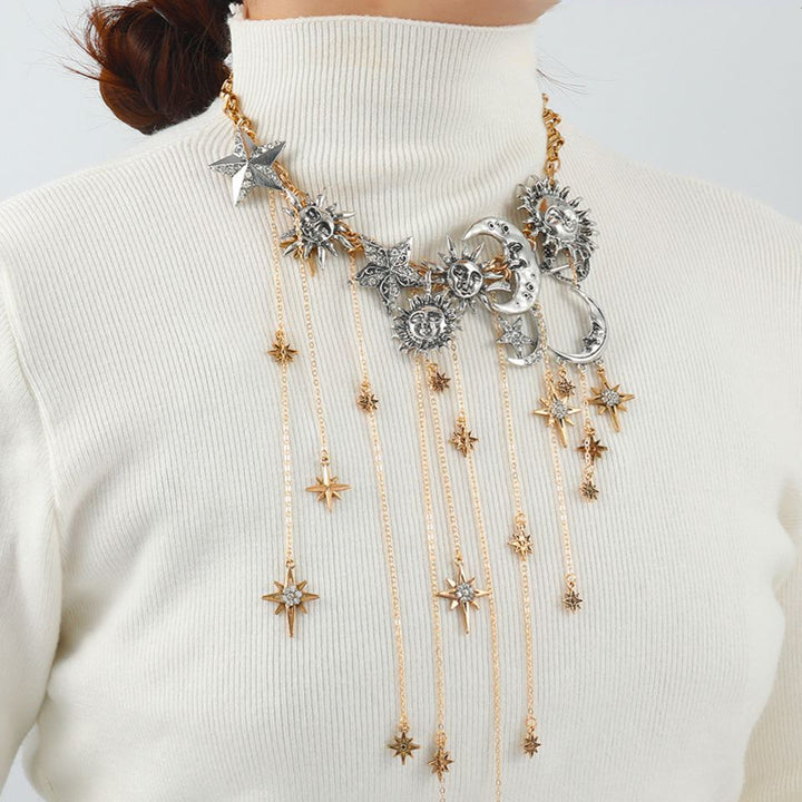 Sun-Moon-Star Gold-Silver Color-Block Tassel Necklace (Cosmic Romantic Style Series)