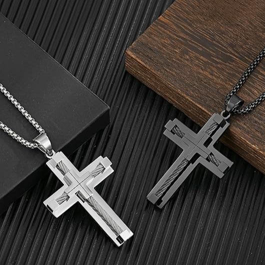 Titanium Steel Cable Cross Necklace (Industrial Minimalist · Faith Power Style)