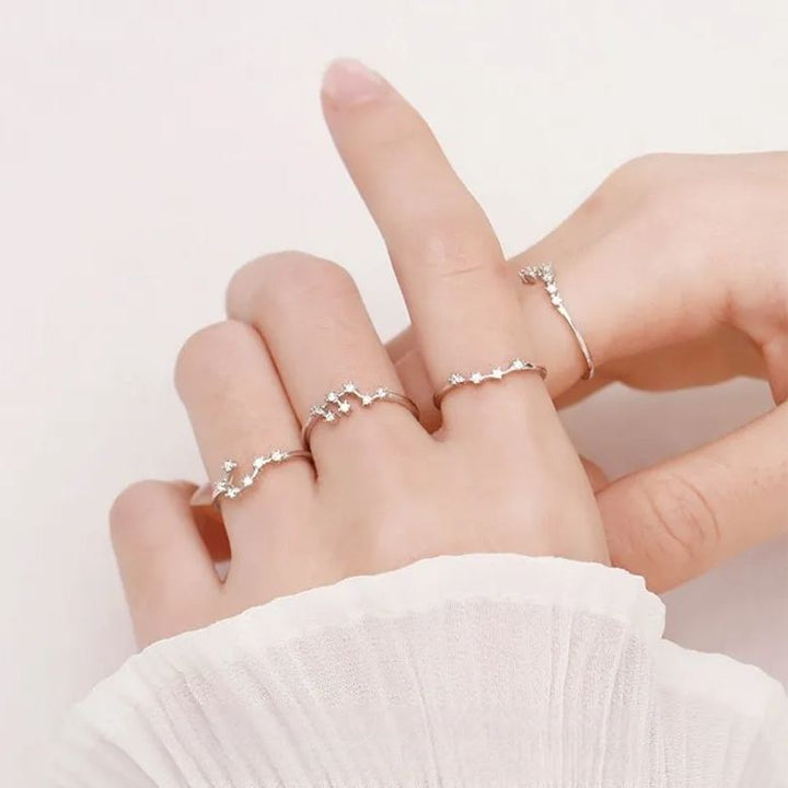 925 Silver Diamond-Inlaid 12 Constellations Open Adjustable Ring (Unisex Luxury Personalized Style)