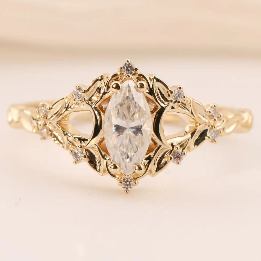 14K Gold Twig Marquise Center Diamond Ring (Vintage Palace Luxury Style)