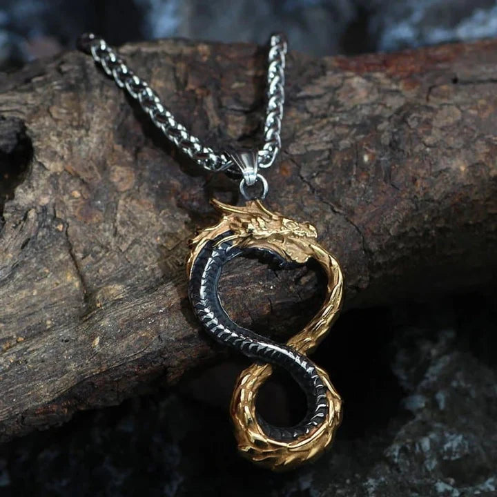Bold Viking Infinity Dragon Titanium Steel Pendant Necklace (Dual-Tone Retro Style)