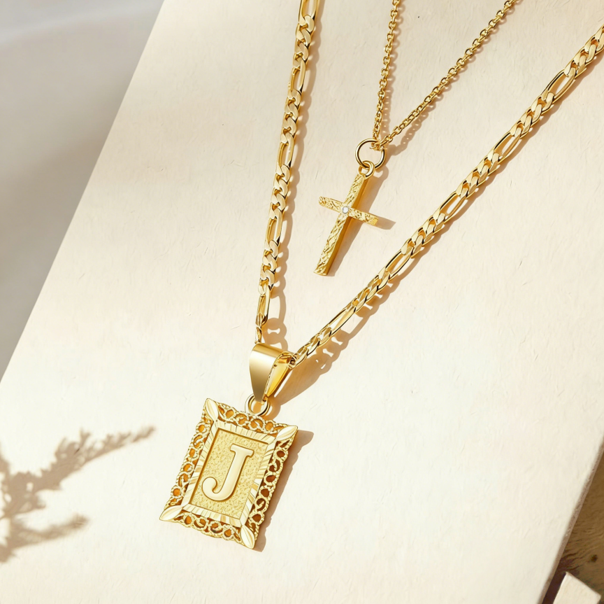 Vintage Engraved Initial Tag & Cross Layered Necklace (Personalized Light Luxury Street Style)