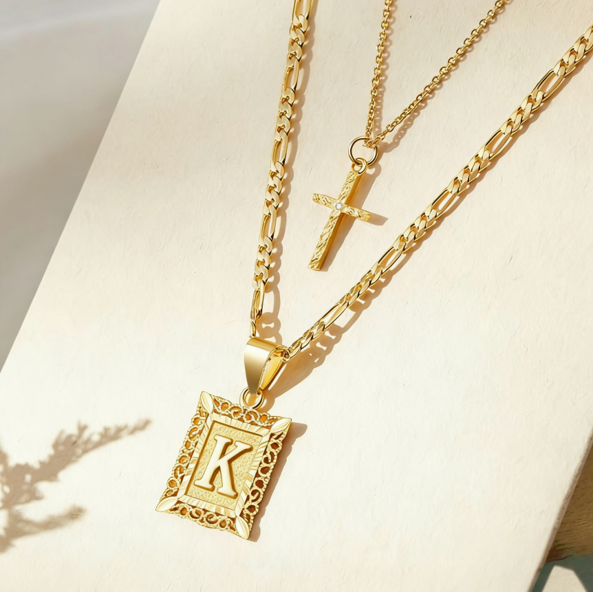 Vintage Engraved Initial Tag & Cross Layered Necklace (Personalized Light Luxury Street Style)