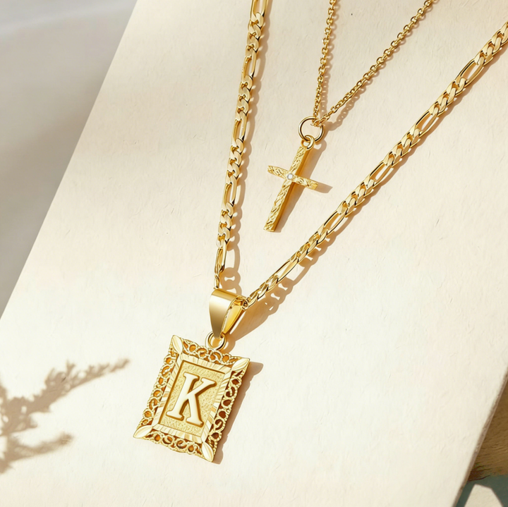 Vintage Engraved Initial Tag & Cross Layered Necklace (Personalized Light Luxury Street Style)