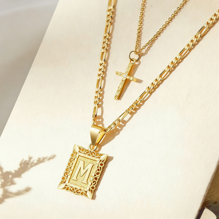Vintage Engraved Initial Tag & Cross Layered Necklace (Personalized Light Luxury Street Style)