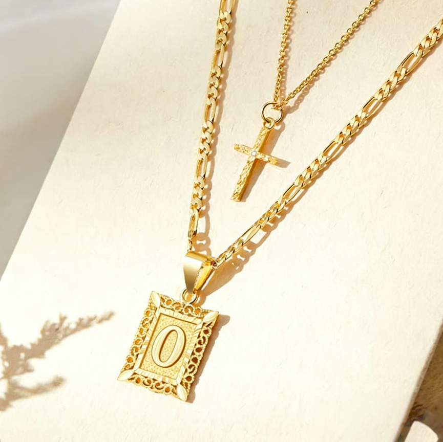 Vintage Engraved Initial Tag & Cross Layered Necklace (Personalized Light Luxury Street Style)