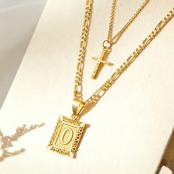 Vintage Engraved Initial Tag & Cross Layered Necklace (Personalized Light Luxury Street Style)