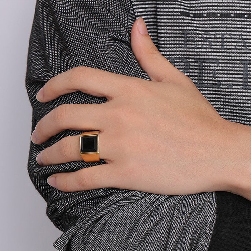 Square Black Diamond Titanium Steel Wide Ring (Gold/Silver Dual-Tone Bold Men's Style)
