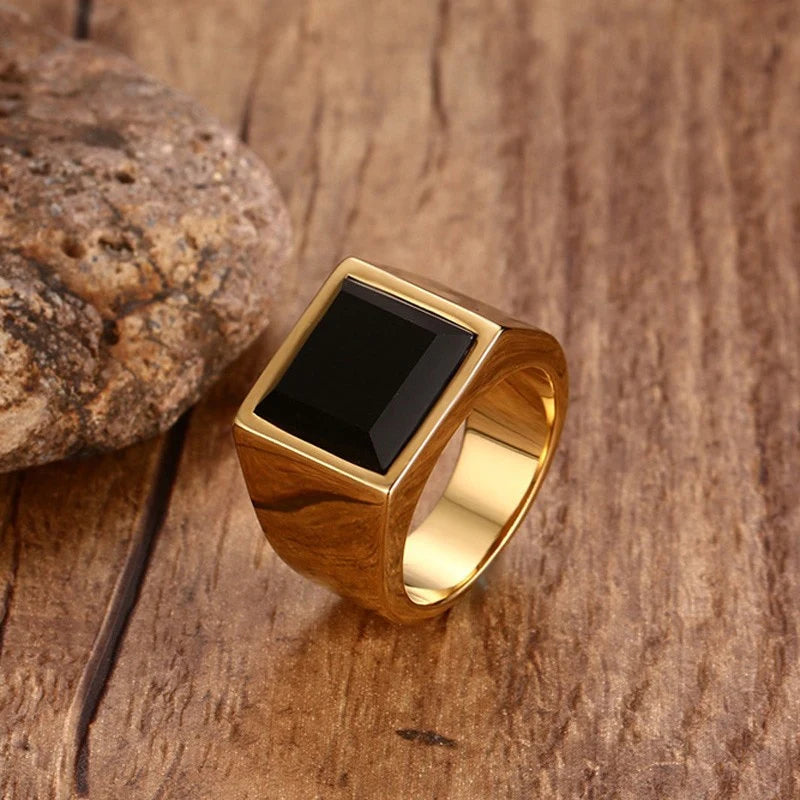 Square Black Diamond Titanium Steel Wide Ring (Gold/Silver Dual-Tone Bold Men's Style)
