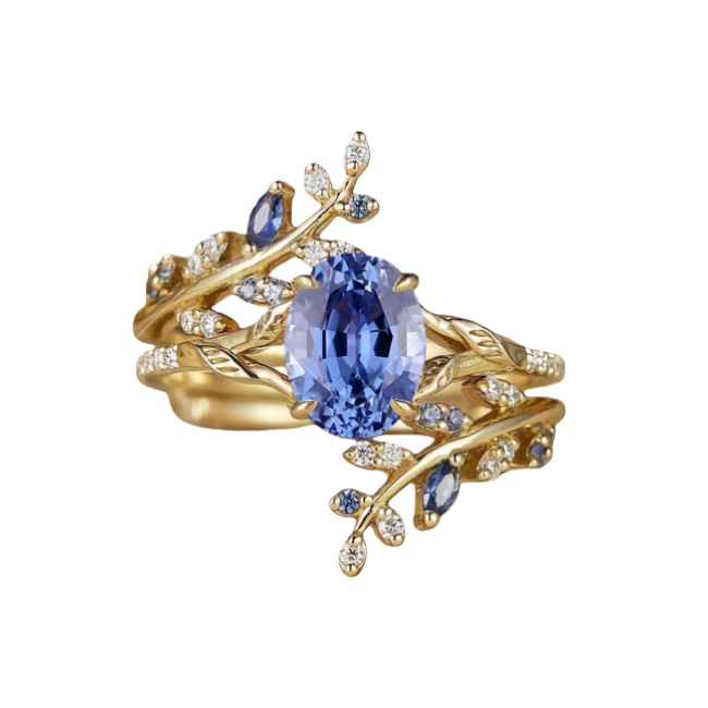 18K Gold-Plated Leaf Design Ring Set with Colorful Zircon