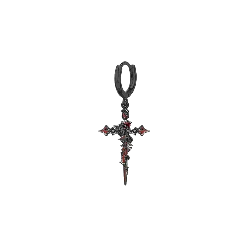 Gothic Fallen Angel Cross Earrings & Necklace Set with Red Heart and Rose – Silver Design