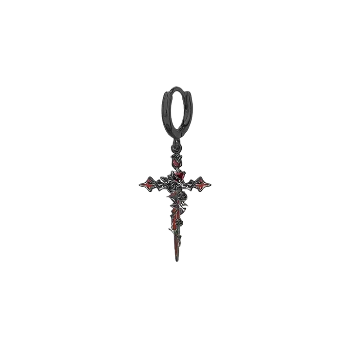 Gothic Fallen Angel Cross Earrings & Necklace Set with Red Heart and Rose – Silver Design