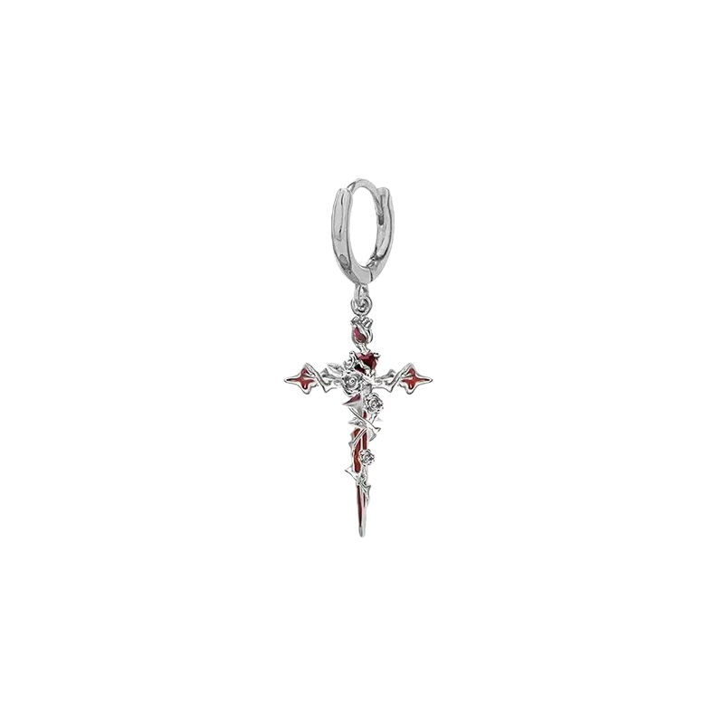 Gothic Fallen Angel Cross Earrings & Necklace Set with Red Heart and Rose – Silver Design