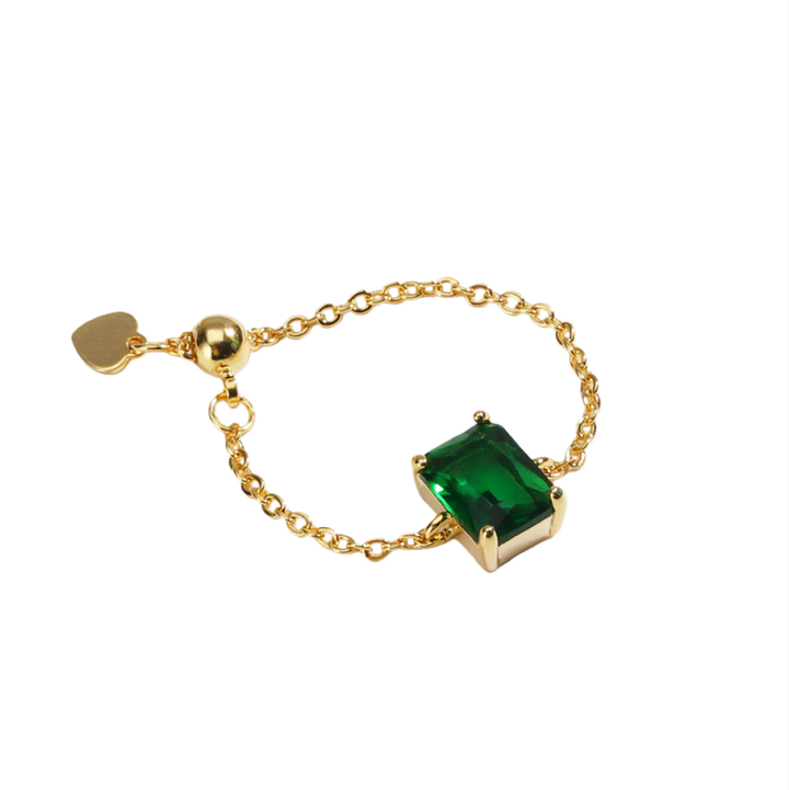 18K Gold Adjustable Chain Ring with Emerald-Cut Green Zircon
