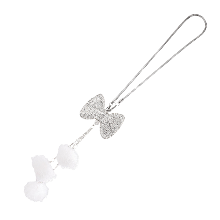 Sparkling Bow Car Hanging Ornament with Pink Fluffy Pom Charms